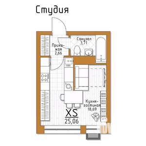 1-к квартира, строящийся дом, 25м2, 3/5 этаж