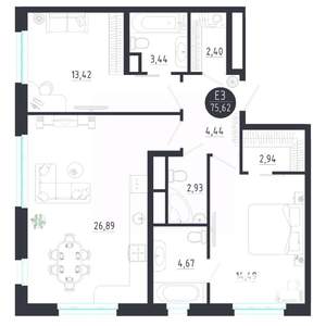 2-к квартира, строящийся дом, 76м2, 3/8 этаж