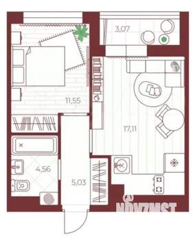 1-к квартира, сданный дом, 41м2, 3/14 этаж