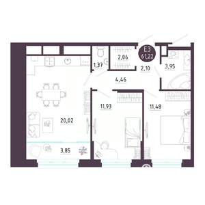 2-к квартира, вторичка, 61м2, 2/10 этаж