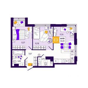 2-к квартира, вторичка, 55м2, 7/12 этаж