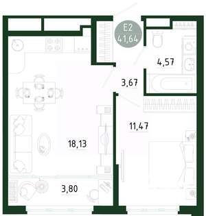 1-к квартира, строящийся дом, 42м2, 15/25 этаж