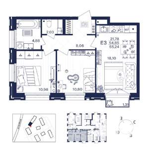 2-к квартира, строящийся дом, 55м2, 2/15 этаж