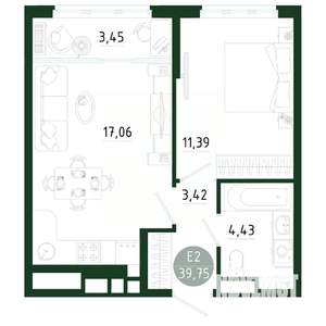 1-к квартира, строящийся дом, 40м2, 17/25 этаж