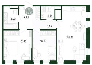 2-к квартира, строящийся дом, 64м2, 2/25 этаж