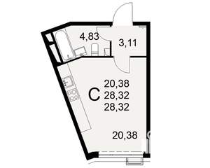 1-к квартира, строящийся дом, 28м2, 16/16 этаж