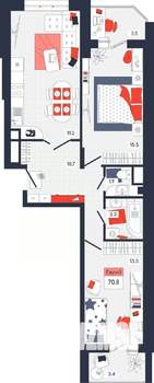 3-к квартира, строящийся дом, 71м2, 5/14 этаж
