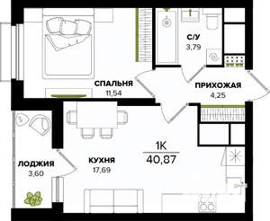 1-к квартира, вторичка, 41м2, 2/25 этаж