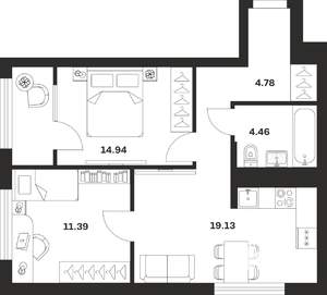 2-к квартира, строящийся дом, 55м2, 3/25 этаж