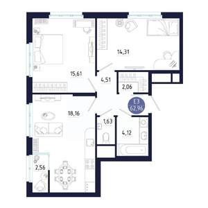 2-к квартира, строящийся дом, 63м2, 2/25 этаж