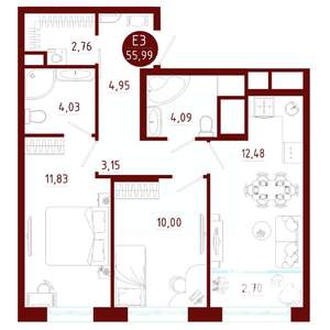 2-к квартира, вторичка, 56м2, 10/10 этаж