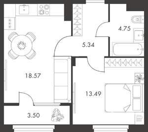 1-к квартира, вторичка, 46м2, 6/9 этаж