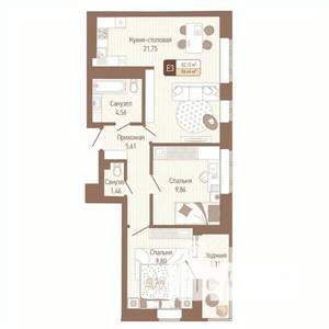 2-к квартира, строящийся дом, 54м2, 8/14 этаж