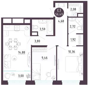 2-к квартира, вторичка, 56м2, 10/10 этаж