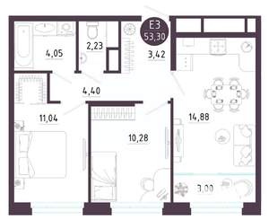 2-к квартира, вторичка, 53м2, 6/10 этаж