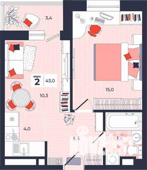 2-к квартира, вторичка, 43м2, 13/14 этаж