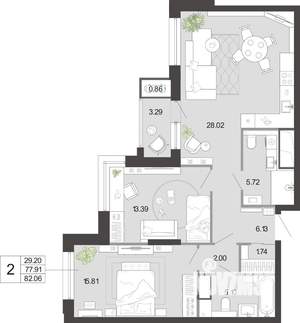 2-к квартира, вторичка, 82м2, 19/21 этаж