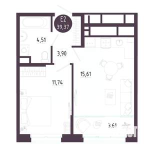 1-к квартира, строящийся дом, 39м2, 10/10 этаж