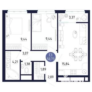 1-к квартира, строящийся дом, 51м2, 12/25 этаж