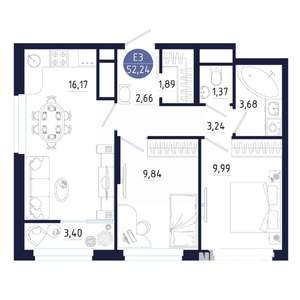 2-к квартира, строящийся дом, 52м2, 16/25 этаж