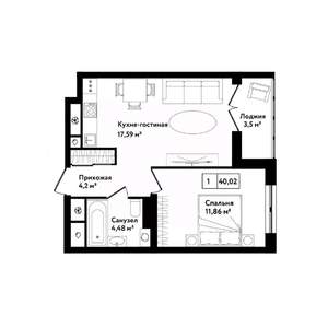 1-к квартира, строящийся дом, 44м2, 2/25 этаж