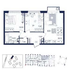 2-к квартира, строящийся дом, 59м2, 4/15 этаж