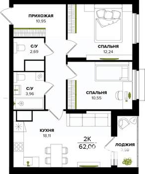2-к квартира, вторичка, 62м2, 25/25 этаж