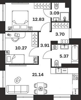 2-к квартира, вторичка, 60м2, 1/7 этаж