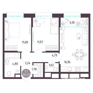 2-к квартира, строящийся дом, 59м2, 8/10 этаж