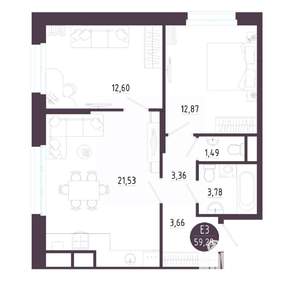2-к квартира, строящийся дом, 59м2, 9/10 этаж