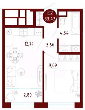 1-к квартира, вторичка, 33м2, 2/10 этаж