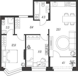 3-к квартира, строящийся дом, 68м2, 4/24 этаж
