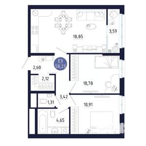2-к квартира, строящийся дом, 58м2, 13/25 этаж