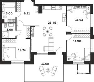 3-к квартира, вторичка, 89м2, 1/4 этаж