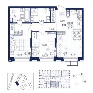 2-к квартира, строящийся дом, 57м2, 3/15 этаж