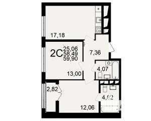 2-к квартира, строящийся дом, 58м2, 3/18 этаж