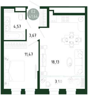 1-к квартира, строящийся дом, 42м2, 6/25 этаж