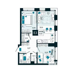 2-к квартира, вторичка, 56м2, 10/15 этаж