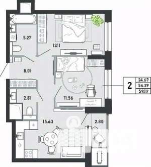 2-к квартира, вторичка, 59м2, 13/21 этаж