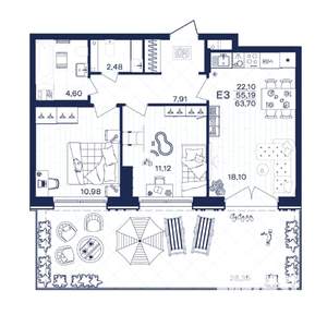 2-к квартира, строящийся дом, 64м2, 1/15 этаж