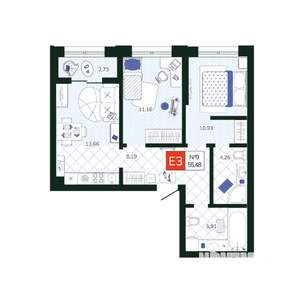 2-к квартира, вторичка, 55м2, 2/19 этаж
