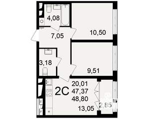 2-к квартира, строящийся дом, 47м2, 15/18 этаж