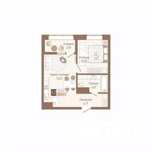 1-к квартира, строящийся дом, 37м2, 14/14 этаж
