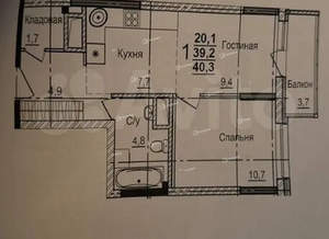 1-к квартира, вторичка, 43м2, 10/21 этаж