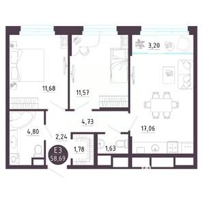 2-к квартира, вторичка, 59м2, 9/10 этаж