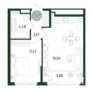 1-к квартира, строящийся дом, 42м2, 22/25 этаж