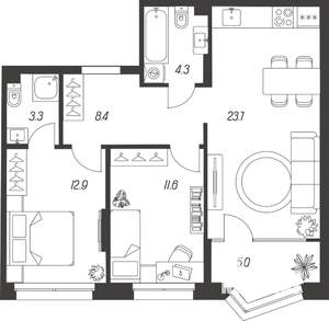 3-к квартира, строящийся дом, 68м2, 9/24 этаж