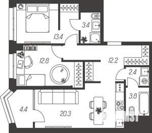 3-к квартира, строящийся дом, 73м2, 20/24 этаж