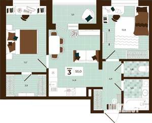 3-к квартира, вторичка, 55м2, 4/14 этаж