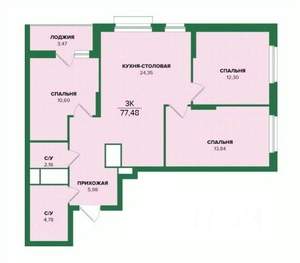 3-к квартира, строящийся дом, 77м2, 21/25 этаж